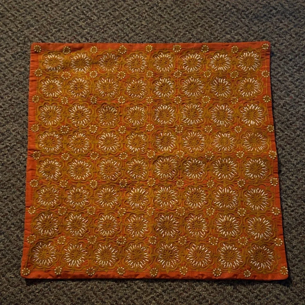 Embroidered Orange and Gold Pillow Cover 18” square